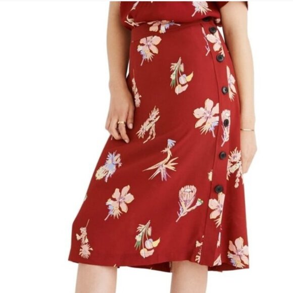 Madewell Burgundy Red Bird Of Paradise Side Button Floral Midi A-line Skirt Zero - Picture 4 of 12